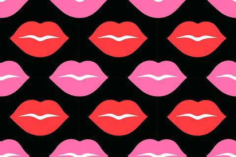 Seamless pattern with red and pink lips on black background. Flat design pastel Stock Illustration