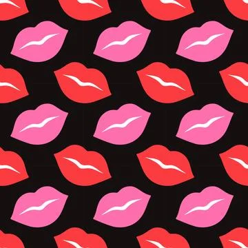 Seamless pattern with red and pink lips on black background. Flat design pastel Stock Illustration