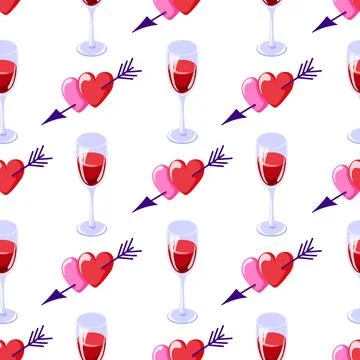 Seamless pattern with red and pink hearts pierced by arrows and glasses of red Stock Illustration