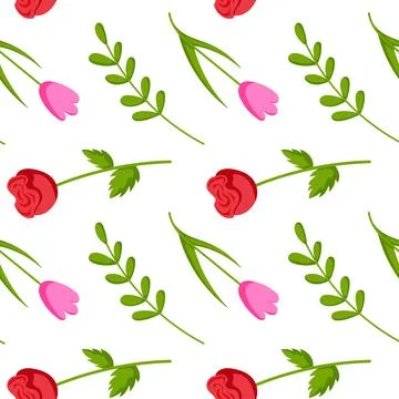 Seamless pattern with red and pink roses and green leaf on white background in Stock Illustration