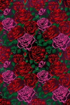 Seamless Pattern with Red and Pink Roses and Green Leaves on Dark Purple Backgro Stock Illustration