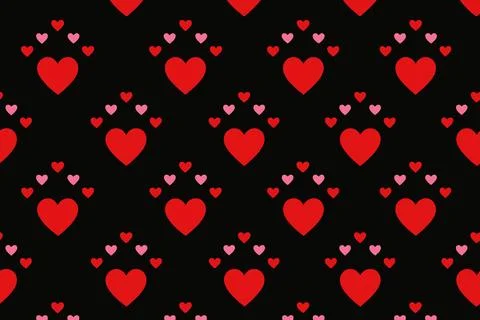 Seamless Pattern of Red and Pink Hearts on Black Background Stock Illustration