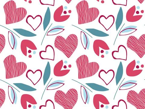 Seamless pattern with red and teal Flowers and hearts. Reapetad background for Stock Illustration