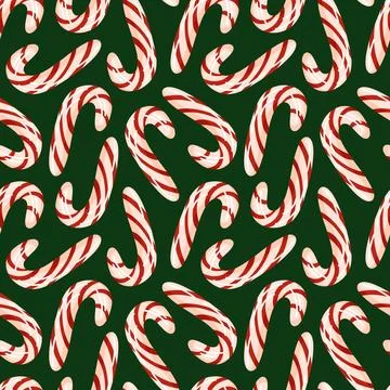 Seamless pattern with red and white striped candy cane on a green background 库存插图