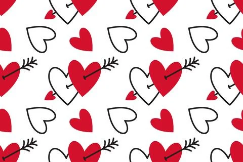 Seamless pattern with red and white hearts on white background. Flat vector Stock Illustration