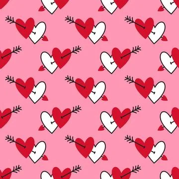 Seamless pattern with red and white hearts on pink background. Flat vector style Stock Illustration