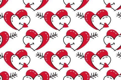 Seamless pattern with red and white hearts on white background. Flat vector Stock Illustration
