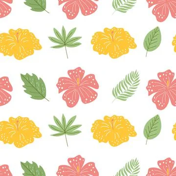 Seamless pattern - red and yellow tropical flowers Stock Illustration