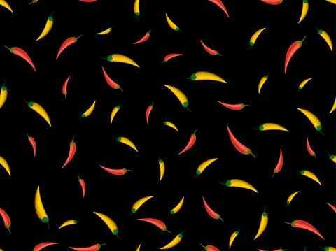 Seamless pattern with red and yellow chili peppers on black background. Spicy 스톡 일러스트