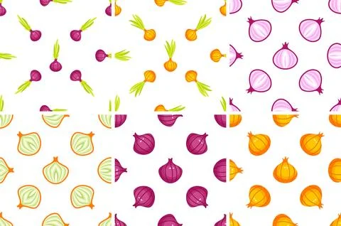 Seamless pattern with red and yellow onions, whole, halves and growing Stock-Illustration