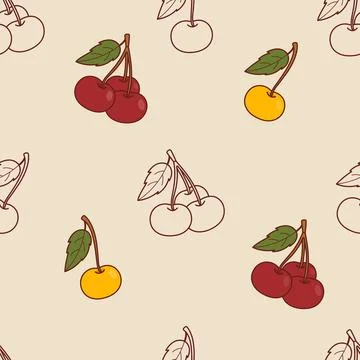 Seamless Pattern with Red and Yellow Cherries and Botanical Outline hand-dr.. Illustrazione stock