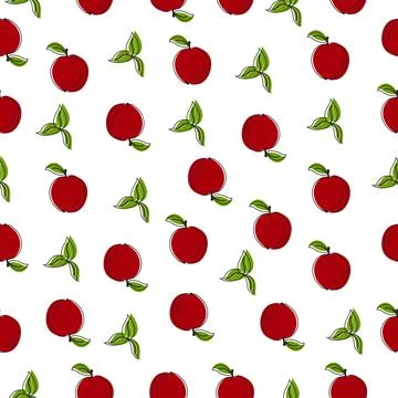 Seamless pattern with red apple and green leaves on white background. Flat Stock Illustration