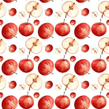 Seamless pattern of red apple and half apple isolated on the white background Stock Illustration