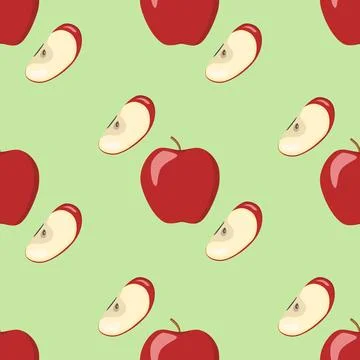 Seamless pattern Red apple and half apple, fruit slices and pieces in cartoon Stock Illustration