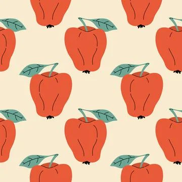 Seamless pattern with red apple in cartoon flat style on white background. Stock Illustration
