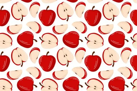 Seamless pattern with red apple slice in flat style on white background. Perfect Illustrazione stock