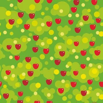 Seamless pattern - red apples and green leaves on green background. Vector Stock Illustration
