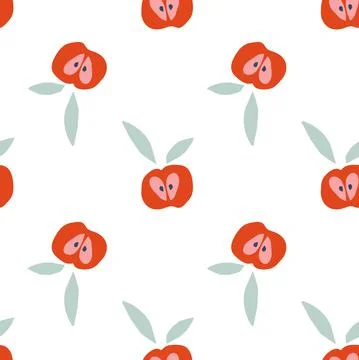 Seamless pattern with red Apples and leaf hand drawn cut doodle sketch Stock Illustration