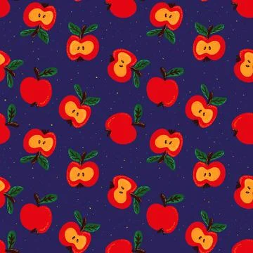 Seamless pattern with red apples and colorful dots on a blue background Illustrazione stock