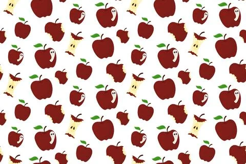 Seamless pattern with red apples and cute worm, vector background with bitt.. Stock Illustration