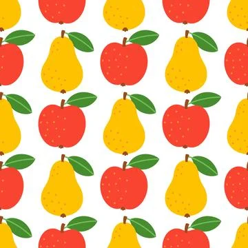 Seamless pattern with red apples and yellow pears on white background Stock Illustration