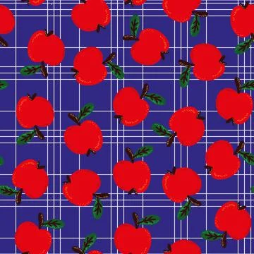 Seamless pattern with red apples on a blue checkered background Stock Illustration