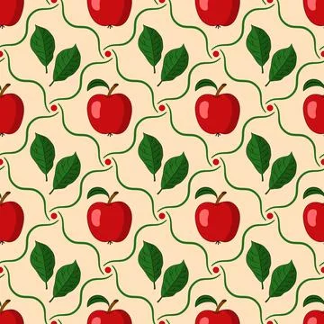 Seamless pattern with red apples in diagonal wavy grid on beige background Stock Illustration