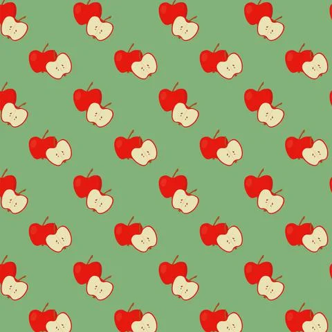 A seamless pattern with red apples on green background Stock Illustration