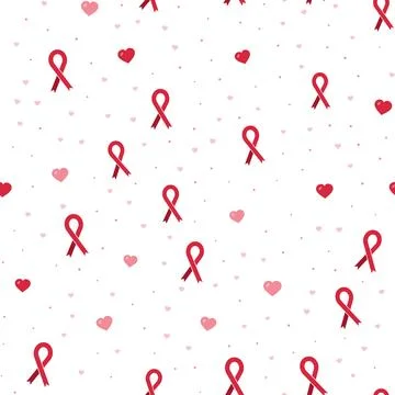 Seamless pattern with red awareness ribbons, hearts and dots on white Stock Illustration
