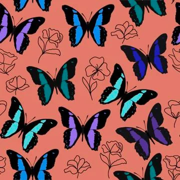 Seamless pattern on a red background with bright multi-colored butterflies. For Stock Illustration