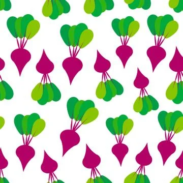 Seamless pattern with red beets with green leaves, isolated on white backgrou Stock Illustration