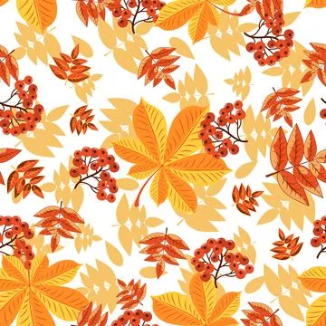 Seamless pattern with red berries and autumn leaves. Stock Illustration