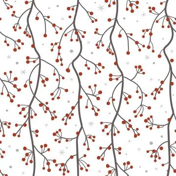 Seamless pattern with red berries branches and snowflakes. Winter backgroun.. Stock Illustration