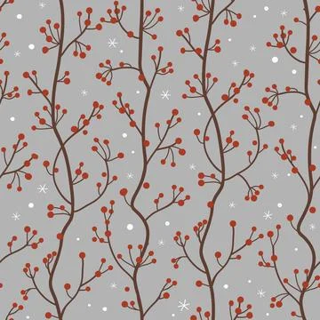 Seamless pattern with red berries branches and snowflakes. Winter background, Stock Illustration