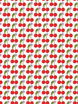 Seamless pattern with red berries cherry, pink flowers with leaves. Stock Illustration