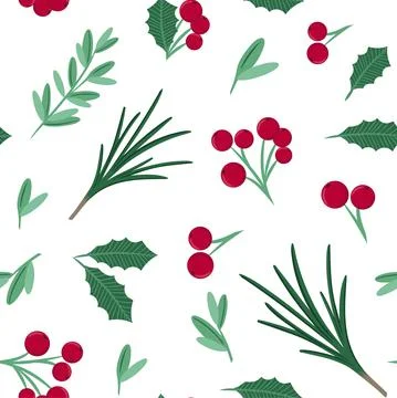 Seamless pattern with red berries, holly and branches. Stockillustratie