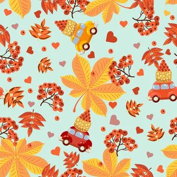 Seamless pattern with red berriess and autumn leaves on a blue background. Stock Illustration