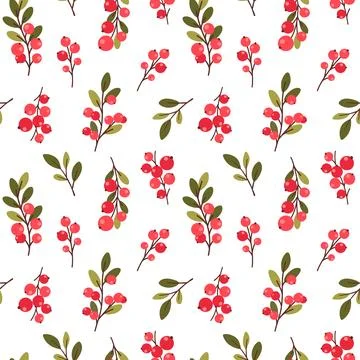 Seamless pattern with red berry branches and green leaves in flat cartoon sty Stock Illustration