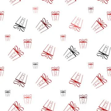 Seamless pattern from red, black boxes with gifts and bows. Background in vec 스톡 일러스트