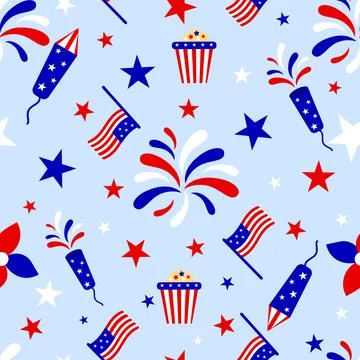 Seamless pattern with red blue white stars, fireworks, american flag, rocket. Stock Illustration