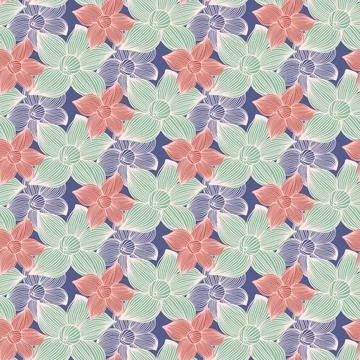 Seamless pattern red blue yellow color, huge flower illustration Stock Illustration