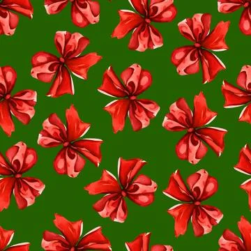 Seamless pattern with red bow on green background. Watercolor backdrop for Stock Illustration