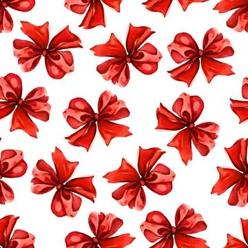 Seamless pattern with red bow on white background. Watercolor backdrop for Stock Illustration