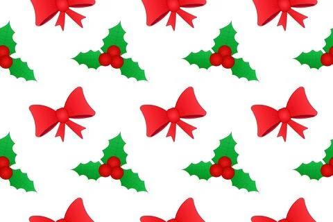 Seamless Pattern with Red Bows and Holly Leaves on White Background Stock Illustration
