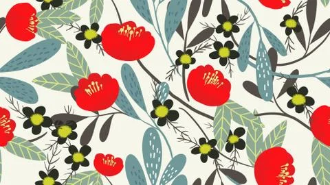 Seamless pattern, red Camellia and small flowers with leaves on white Stock Illustration