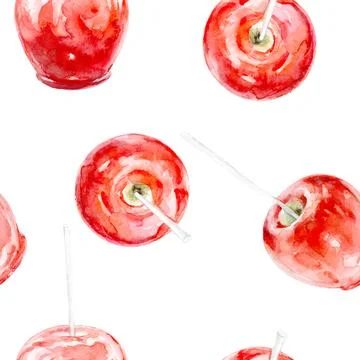 A seamless pattern of red candy apples on white, ideal for culinary or festive Illustrazione stock