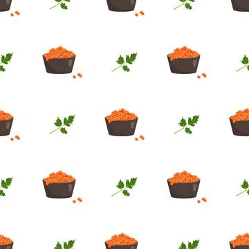 Seamless pattern with red caviar in plate and parsley Illustrazione stock