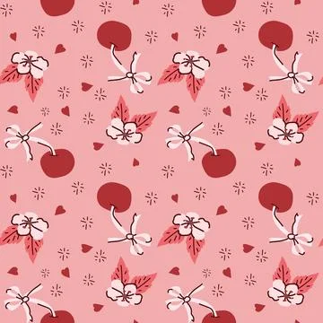 Seamless pattern with red cherries and pink flowers on soft pink background Stock Illustration