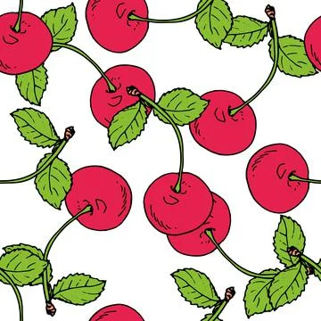 Seamless pattern of red cherries with green leaves. Vector pattern of pink round 스톡 일러스트