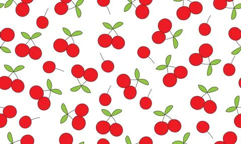 Seamless Pattern of Red Cherries with Green Leaves on transparent background. Stock Illustration